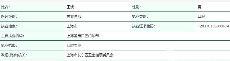 上海圣康王斌医生执业证书编号信息